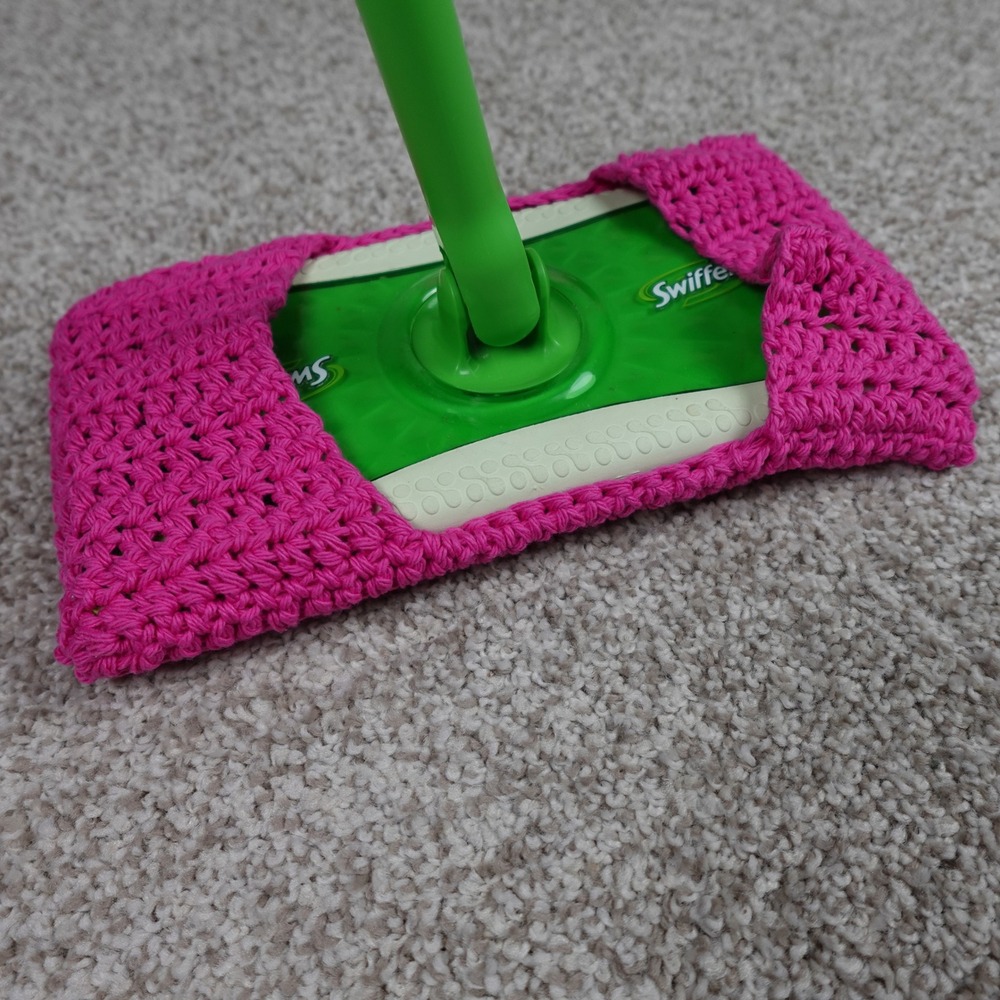 Handmade Crochet Reusable Mop Cover Hot Pink Basketweave Washable Floor Pad - Picture 2 of 5